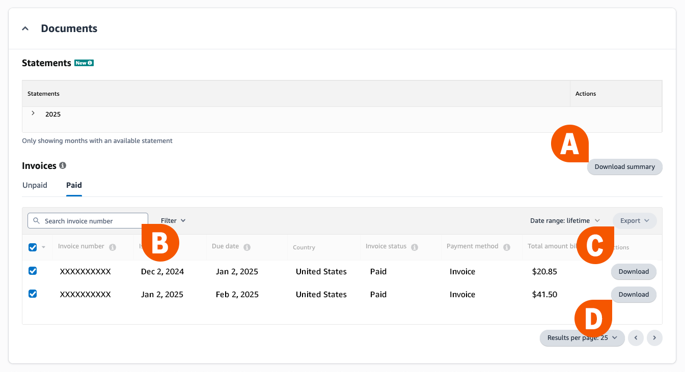 The Invoice table makes it possible to search, see, download, and export your invoices in different formats.